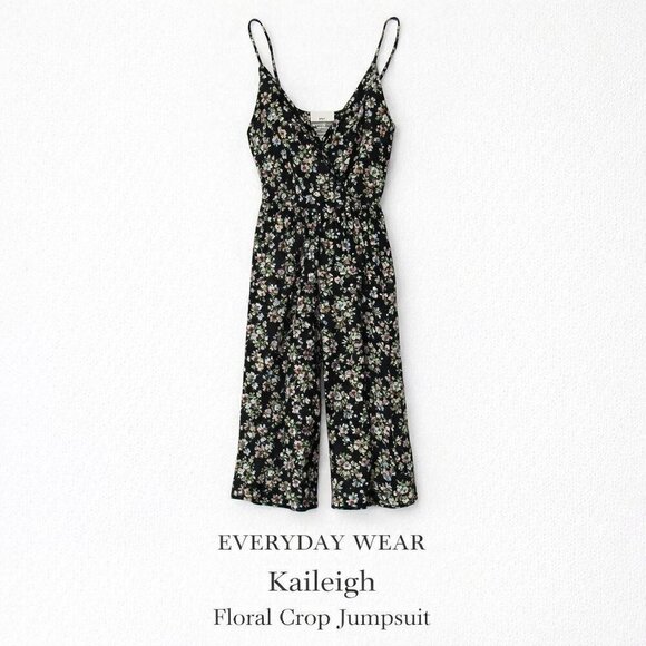 Kaileigh Pants - NWOT Black Floral Wide Leg Crop Jumpsuit Faux Wrap Strappy Small